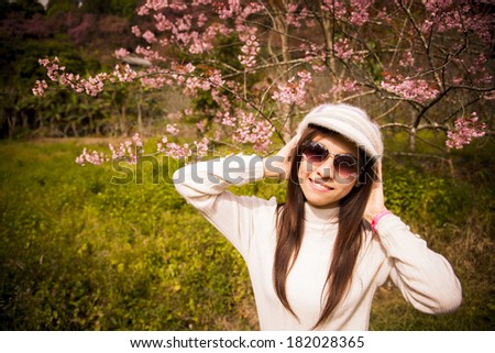 Smile lady with Pink cherry flower