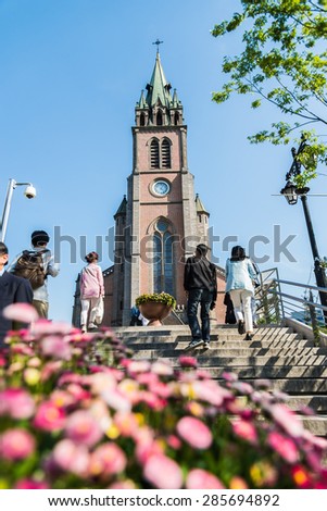 SEOUL, SOUTH KOREA - MAY 10 Myeong dong Catholic Cathedral on May 10, 2015 in Seoul, South Korea. Myeong dong Catholic Cathedral which is older than 110 years for center of Catholic in South Korea