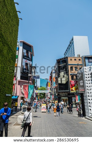 SEOUL, SOUTH KOREA - MAY 10 Myeong dongshopping street on May 10, 2015 in Seoul, South Korea. Myeong dong shopping street is center fashion of new generation in South Korea