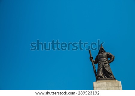SEOUL, SOUTH KOREA - MAY 16 Statue of Admiral Yi Sun-shin in Gwanghwamun Square on May 16, 2015 in Seoul, South Korea. Admiral Yi Sun-shin who is leader for fighting with Japanese millitary