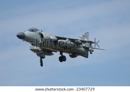 FAIRFORD, UK - JULY 16: Royal Navy FA2 Sea Harrier Jump jet hovers during an air demonstration at the Royal International Air Tattoo on July 16, 2005 in Fairford, UK.