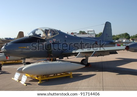 FAIRFORD, UK - JULY 16: Royal Air Force of Oman BAC Mk.82 Strikemaster fighter jet on static display at the Royal International Air Tattoo on July 16, 2005 in Fairford, UK.