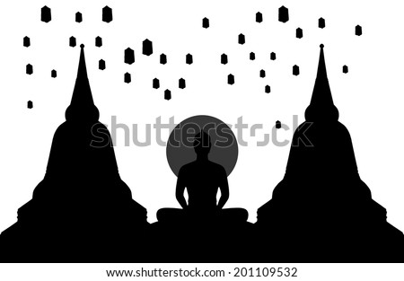 Silhouette of buddha at night and the lanterns floating in the sky,black & white style,Thailand