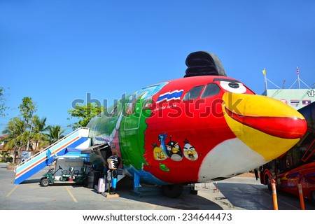 AYUTTHAYA ,THAILAND- NOVEMBER 22, 2014: Painting Angry Birds on the plane, inside is a 4D movie theaters at Thung Bua Chom floating market