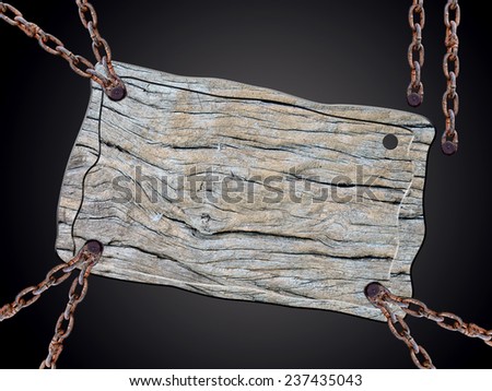 Wooden sign with chain on black background