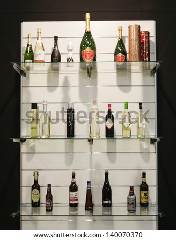MILAN, ITALY - MAY 22: wine and beer bottles exposed in Tuttofood, Milano World Food Exhibition on May 22, 2013 in Milan, Italy