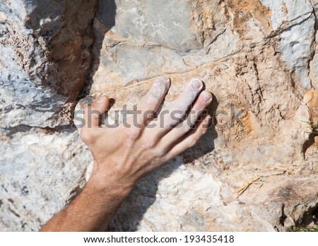 Close up of hand of a rock climber with chalk