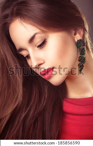 vogue portrait of beautiful young woman hair style. clean skin face. red lips.