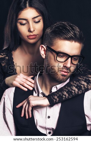 fashion man and woman love couple portrait. vogue style vintage photo. Classic wear elegance.