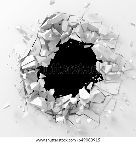 Dark destruction cracked hole in white stone wall. 3d render illustration Foto d'archivio © 