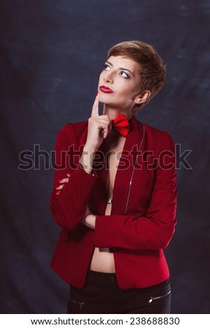 portrait beautiful sexy girl woman in a suit with a bow tie shoes success thoughtful look smile
