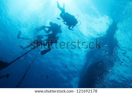 scuba divers under diving boat