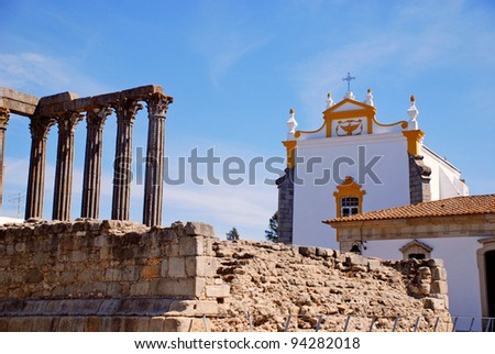 Evora\'s Roman temple(Temple of Diana) and the church of Sao Joao, World Heritage UNESCO (Evora, Portugal)