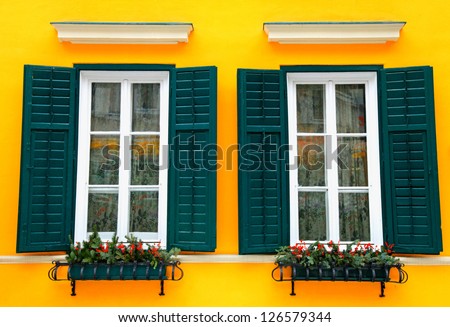 typical bavarian windows with green shutters and window box, christmas decoration