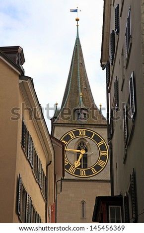 Clock tower of St. Peter\'s Church, Zurich, Switzerland.The steeple\'s clock face has a diameter of 8.7 m, the largest church clock face in Europe.
