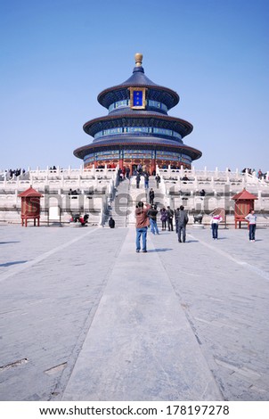 BEIJING, CHINA - MARCH 27,2010: Visitors at the Temple of Heaven in Beijing, China. The religious complex Temple of Heaven was inscribed as a UNESCO World Heritage Site.