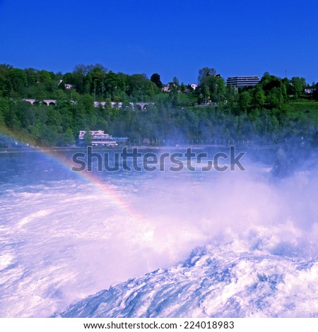 Rainbow on Famous Rhein Falls - the biggest waterfall in Europe (Schaffhausen, Switzerland), square image