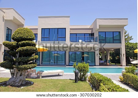 BELEK, TURKEY - JUNE 14, 2015: Swimming pool and modern luxury holiday villa, Belek, Turkey