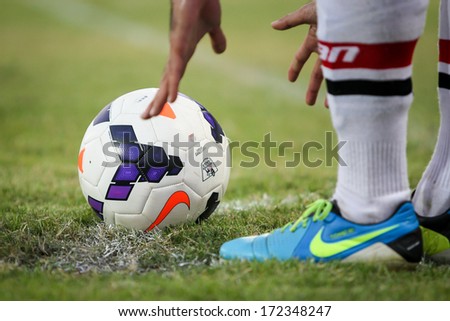 CHONBURI,THAILAND-JANUARY 18:Detail of ball which use in match between PTT Rayong and Police friend at Chonburi stadium on Jan 18, 2014 in Chonburi,Thailand.