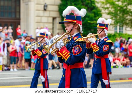 Washington, D.C., USA - July 4, 2015:  SmÃ?Â¥bispan, the Bispehaugen School Band from Norway, in the annual National Independence Day Parade 2015.