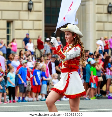 Washington, D.C., USA - July 4, 2015:  SmÃ?Â¥bispan, the Bispehaugen School Band from Norway, in the annual National Independence Day Parade 2015.