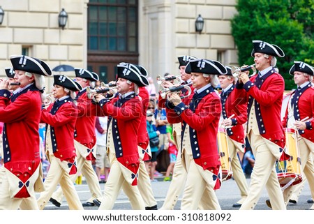 Washington, D.C., USA - July 4, 2015: The United States Army Old Guard Fife and Drum Corps in the annual National Independence Day Parade 2015.
