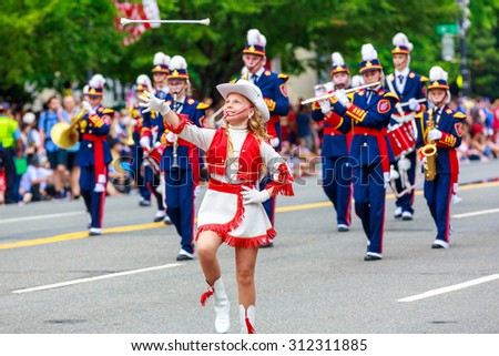 Washington, D.C., USA - July 4, 2015:  Smabispan, the Bispehaugen School Band from Norway, in the annual National Independence Day Parade 2015.