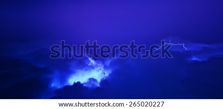 Horizontal vivid vibrant blue lightning storm cloudscape background backdrop