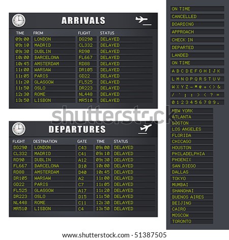 Vector Flight Information board showing delayed flights. JPG and TIFF image versions of this vector illustration are also available in my portfolio.