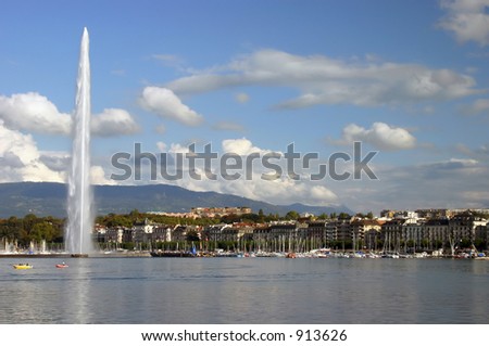 The water jet (Jet D'Eau) on Lake Geneva in Geneva, Switzerland.