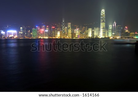Hong Kong skyline at a distance.  Long exposure blurred water.