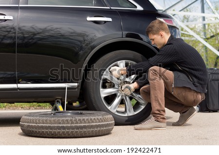 Young man changing the punctured tyre on his car loosening the nuts with a wheel spanner before jacking up the vehicle