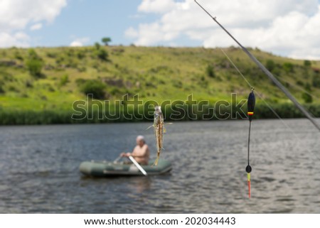 Freshly caught fish on hook with man on boat in the background