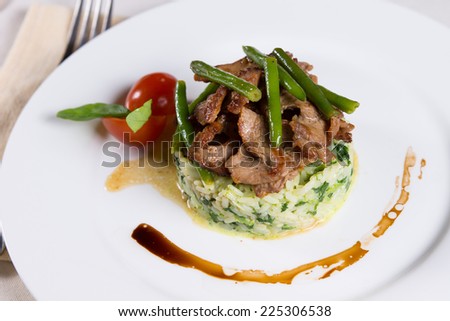 Gourmet Tasty Main Dish with Well-Cooked Meat and Vegetables above Flavored Rice on White Plate.