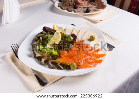 Gourmet Fresh Meat Dish with Vegetable and Lemon Slices on White Round Plate Served on the Table.