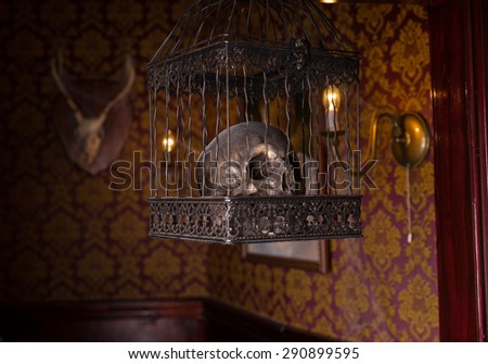 Close Up of Shiny Gothic Skull Imprisoned in Ornate Metal Cage Inside Eerie Room with Patterned Wallpaper and Lit by Burning Candles