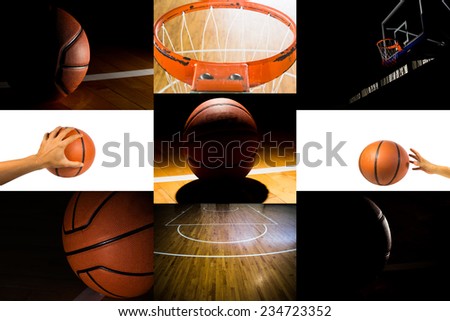 Colection of basketball sport in the gym