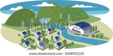 A landscape illustration of hydroelectric power generation.