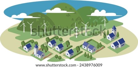 A landscape illustration of wind power generation.