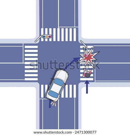 This is a traffic illustration of a car turning right at a yellow light and colliding with a pedestrian.