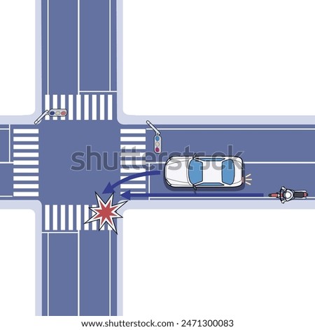 This is a traffic illustration of a motorcycle colliding with a following motorcycle when turning left.