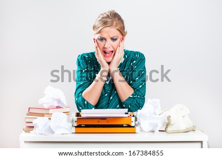 Retro businesswoman is in panic,there is too much work and she is making mistakes over and over again,Frustration at work