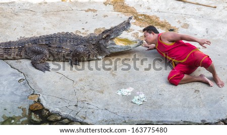 THAILAND, BANGKOK - Nov 10: An unidentified zoo keeper puts a head in a mouth of the crocodile as part of \