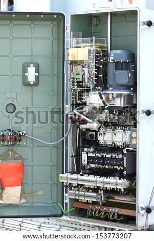 Electrical panel at a assembly line factory. Controls and switches