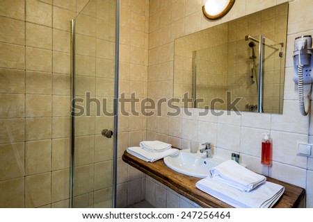 Interior of a modern bathroom. Shower cabin, basins, white towels. The horizontally position photo.