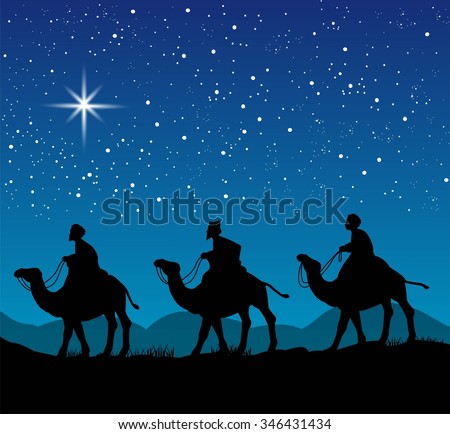 Christian Christmas scene with the three wise men and shining star, illustration