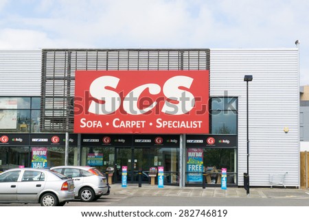 CAMBRIDGE, ENGLAND - 7 May 2015: Shopfront of ScS (Sofa Carpet Specialist) home furnishings retailer in Cambridge in retail park on newmarket road.