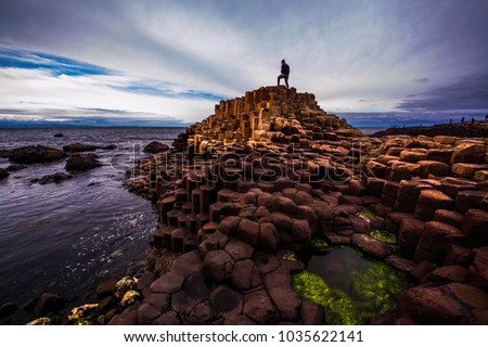 Man standing on top of basalt columns at Giant's Causeway, Ireland Сток-фото © 