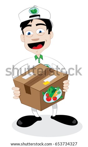 a vector cartoon representing a friendly and smiling courier, delivering a fresh healthy vegetables carton - online order and fast shipping concept