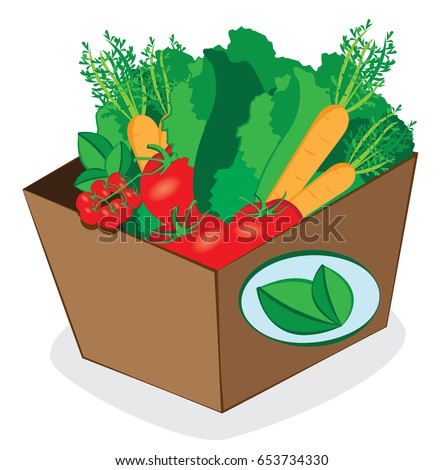 a vector cartoon representing a carton package full of fresh vegetables and fruit - online order and fast shipping concept